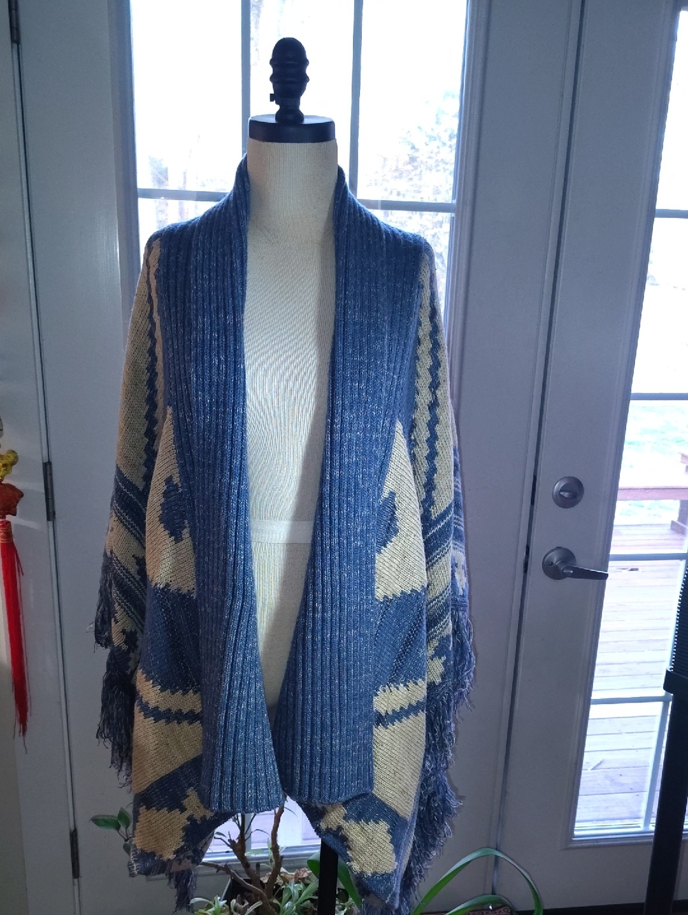 Ralph Lauren Blue and Cream Marled Knit Poncho
